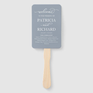Elegant Script Wedding Program Dusty Blue Hand Fan