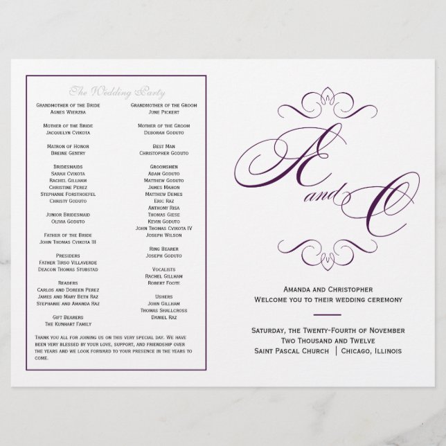 Elegant Script Wedding Program - Eggplant Purple (Front)