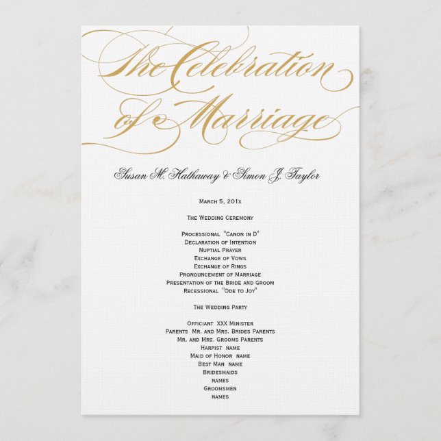 Elegant Script  Wedding Program - Gold Programme (Front)
