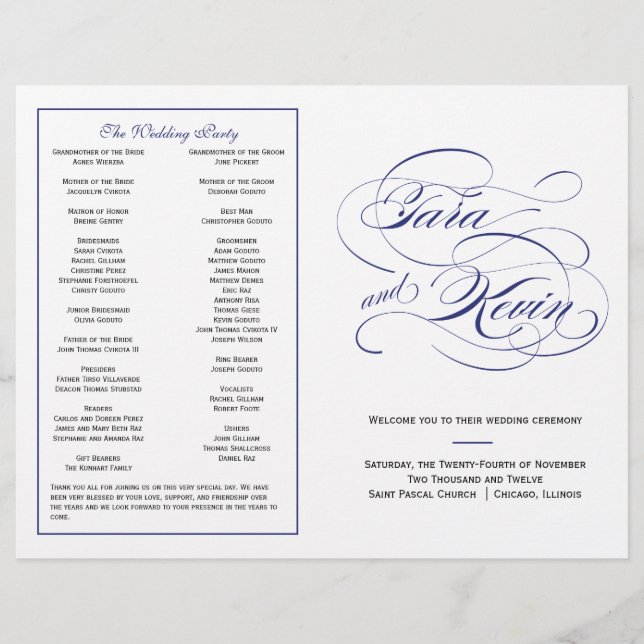 Elegant Script Wedding Program - Navy (Front)