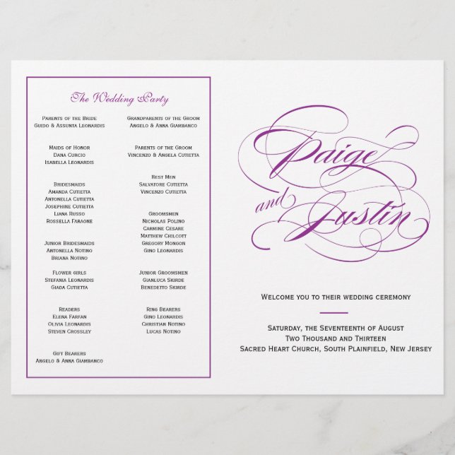 Elegant Script Wedding Program - Purple (Front)