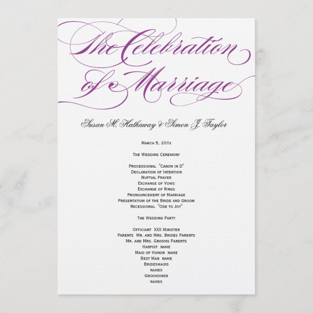 Elegant Script  Wedding Program - Purple Programme (Front)