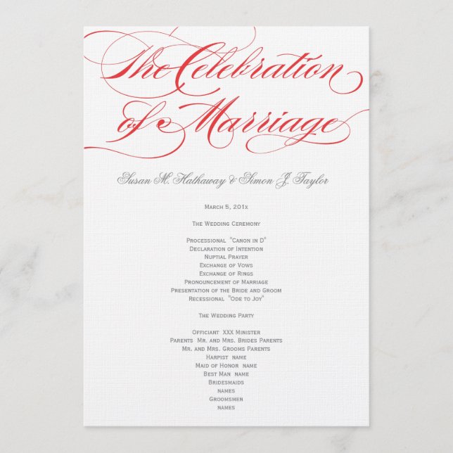 Elegant Script  Wedding Program - Red Programme (Front)