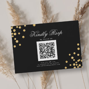 Elegant Script Wedding QR RSVP Gold Blac Confetti Card