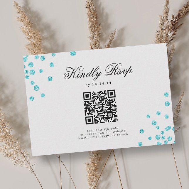 Elegant Script Wedding QR RSVP Turquoise Confetti  Card (Elegant Script Wedding QR RSVP Turquoise Confetti )