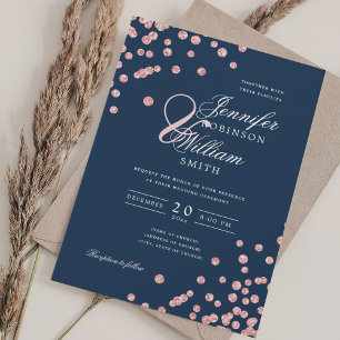 Elegant Script Wedding Rose Gold Confetti Navy Blu Invitation