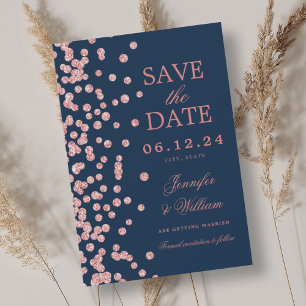 Elegant Script Wedding Rose Gold Confetti Navy  Save The Date