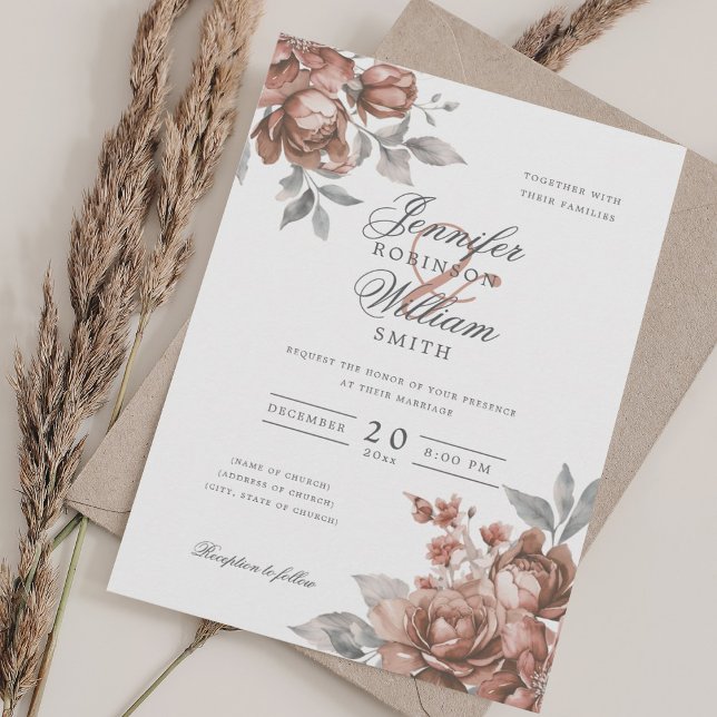 Elegant Script Wedding Rose Gold Rustic Floral  Invitation (Elegant Script Wedding Rose Gold Rustic Floral Invitation)