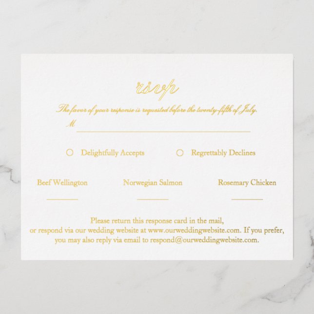 Elegant Script Wedding RSVP Real Gold Foil Invitation Postcard (Front)