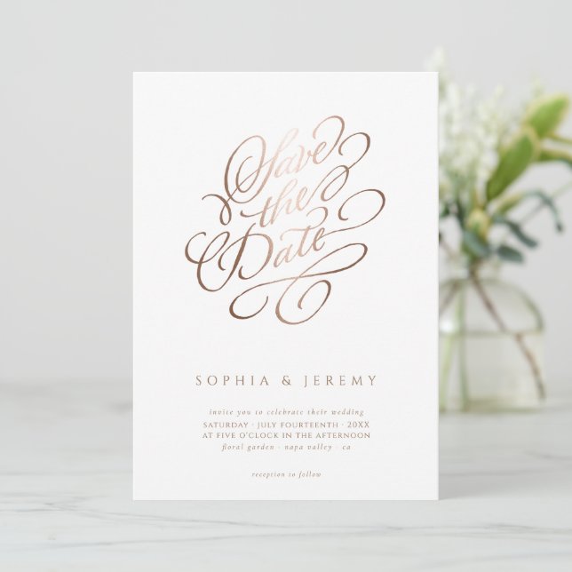 Elegant Script Wedding Save The Date Rose Gold Invitation (Standing Front)