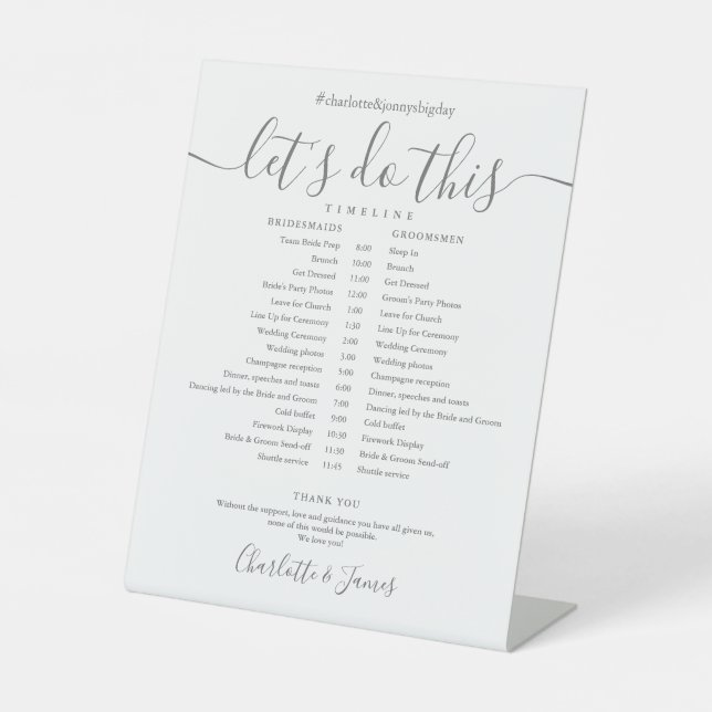Elegant Script Wedding Schedule Timeline Pedestal Sign (Front)