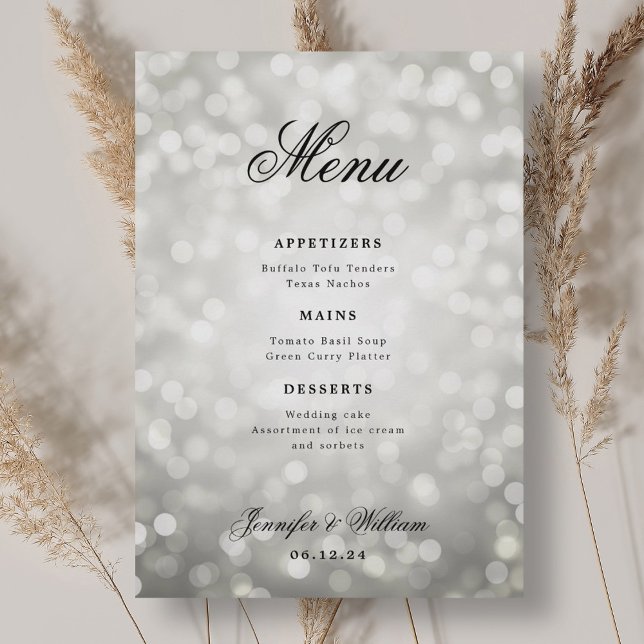 Elegant Script Wedding Silver Bokeh Lights  Menu (Elegant Script Wedding Silver Bokeh Lights Menu)