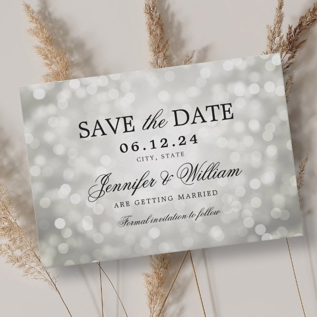 Elegant Script Wedding Silver Bokeh Lights Save The Date (Elegant Script Wedding Silver Bokeh Lights Save The Date)
