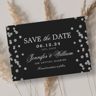 Elegant Script Wedding Silver Confetti Black  Save The Date