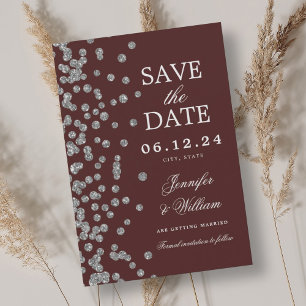 Elegant Script Wedding Silver Confetti Burgundy  Save The Date