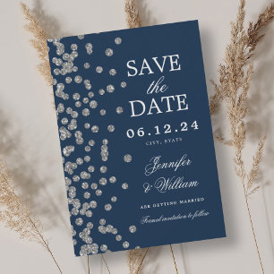 Elegant Script Wedding Silver Confetti Navy  Save The Date