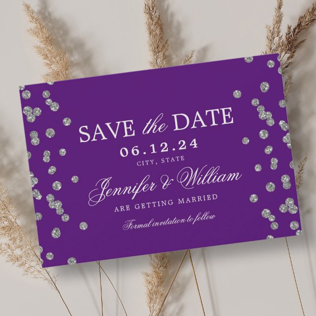 Elegant Script Wedding Silver Confetti Purple  Save The Date (Elegant Script Wedding Silver Confetti Purple Save The Date)