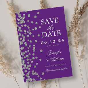 Elegant Script Wedding Silver Confetti Purple Save The Date