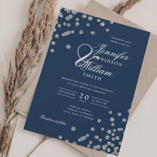 Elegant Script Wedding Silver Confetti QR Navy  Invitation