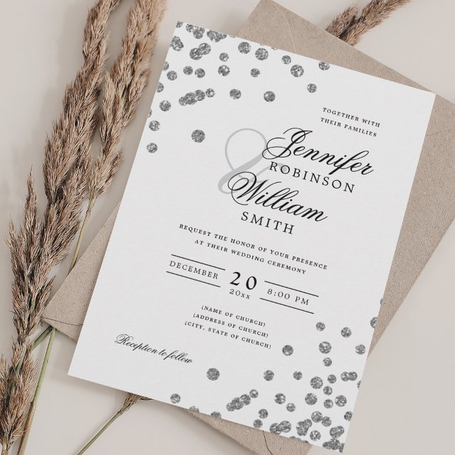 Elegant Script Wedding Silver Glitter Confetti  Invitation (Elegant Script Wedding Silver Glitter Confetti Invitation)