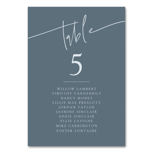 Elegant Script Wedding Slate Blue Table Number (Front)