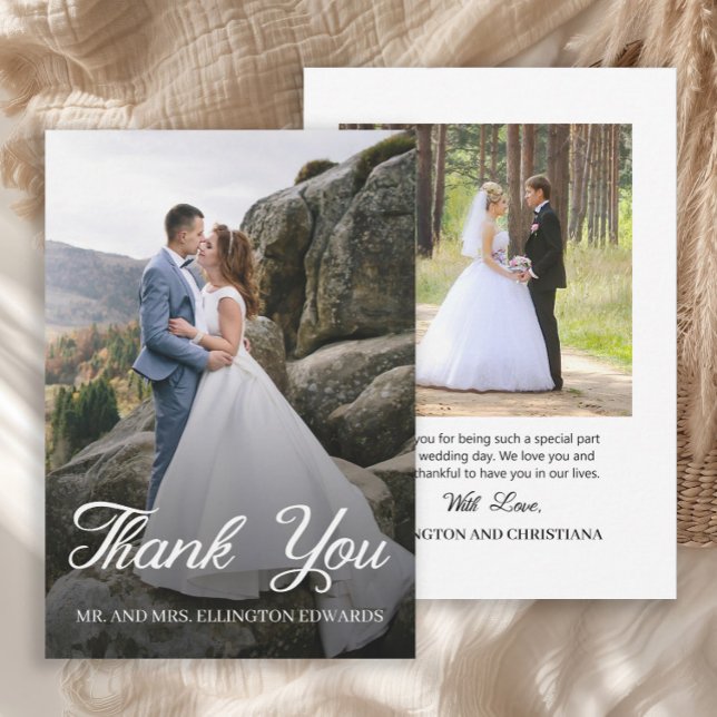 Elegant Script Wedding Thank You 2 Photo Card (Elegant script 2-photo (front and back) wedding Thank You card)