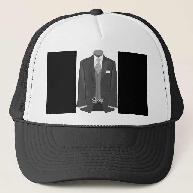 Elegant Script Wedding Tuxedo Suit Groom  Trucker Hat (Front)