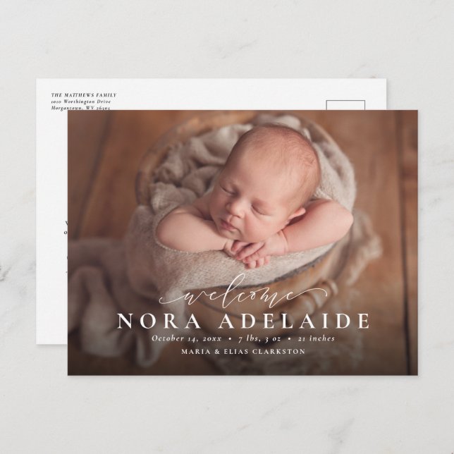 Elegant script welcome simple birth announcement (Front/Back)