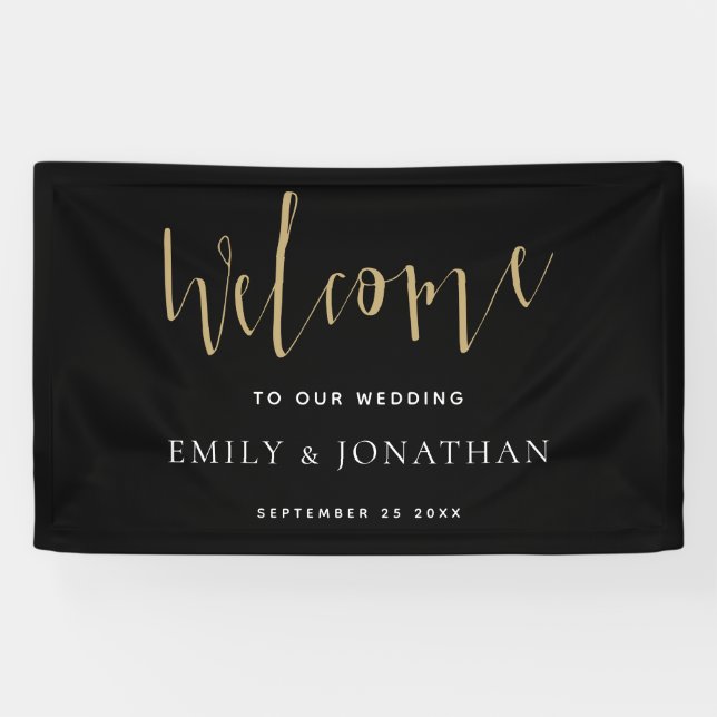 Elegant Script Welcome Wedding Gold Black Banner (Horizontal)
