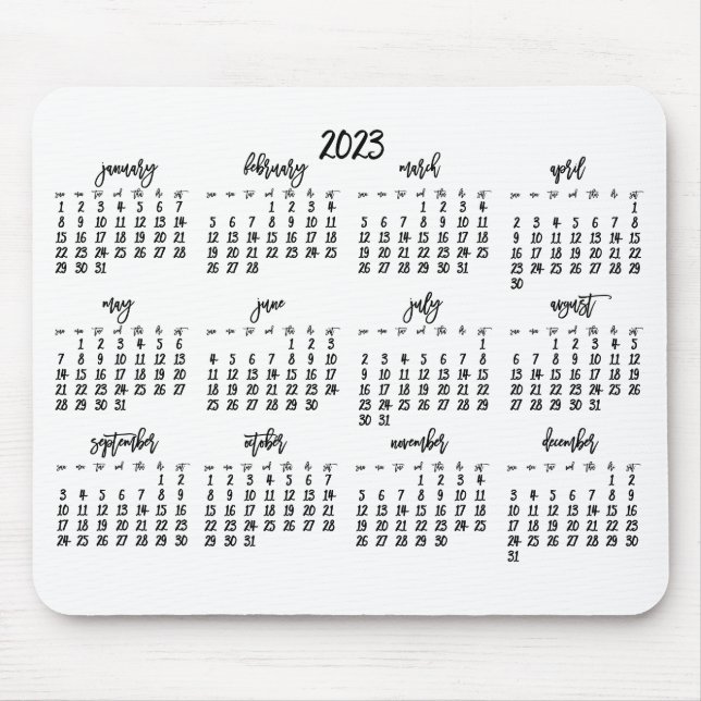 Elegant Script White And Black Calendar 2023 Mouse Mat (Front)