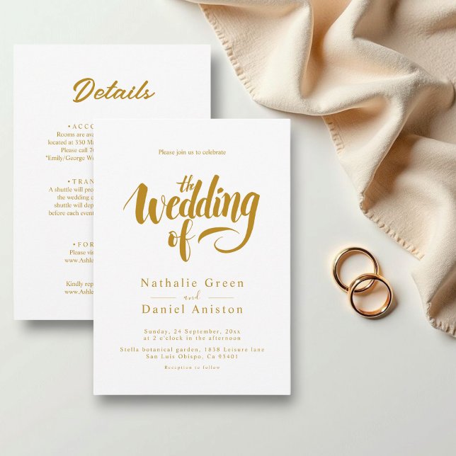 Elegant Script White and Gold Calligraphy Wedding Invitation (Creator Uploaded)