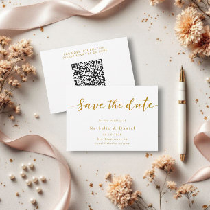 Elegant Script White And Gold QR Code Wedding Save The Date