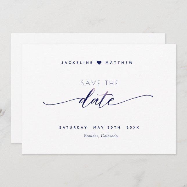 Elegant Script, White and Navy, Simple Wedding Save The Date (Front/Back)