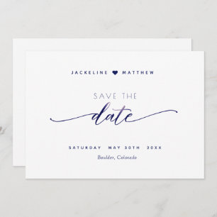 Elegant Script, White and Navy, Simple Wedding Save The Date