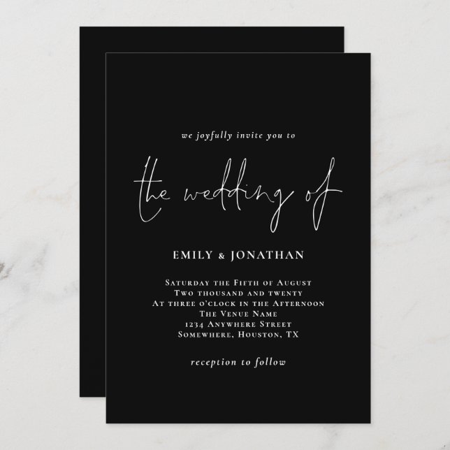 Elegant Script White Black Wedding Invitation (Front/Back)