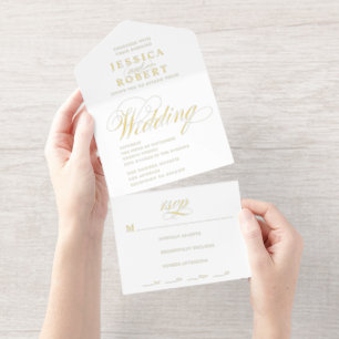 Elegant Script White Calligraphy Wedding Foil All In One Invitation