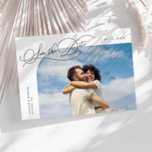 Elegant Script White Curved Frame Photo Save The Date