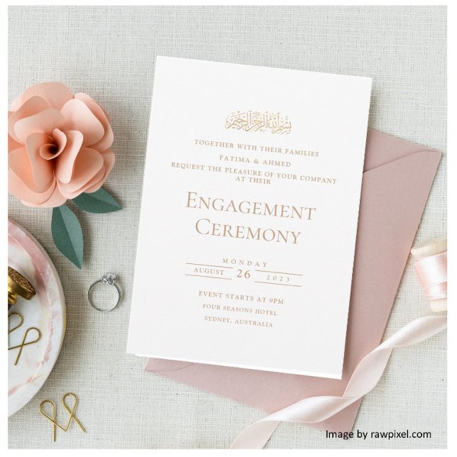 Elegant Script White Gold Muslim Engagement Party Invitation (Creator Uploaded)
