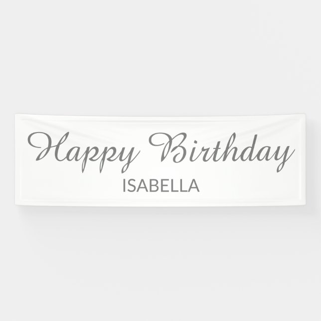 Elegant Script White Grey Happy Birthday Banner (Horizontal)
