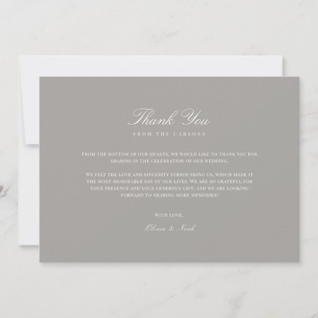 Elegant Script White & Grey Thank you Card (Front)