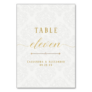 Elegant Script White Lace Gold Wedding Eleven 11 Table Number