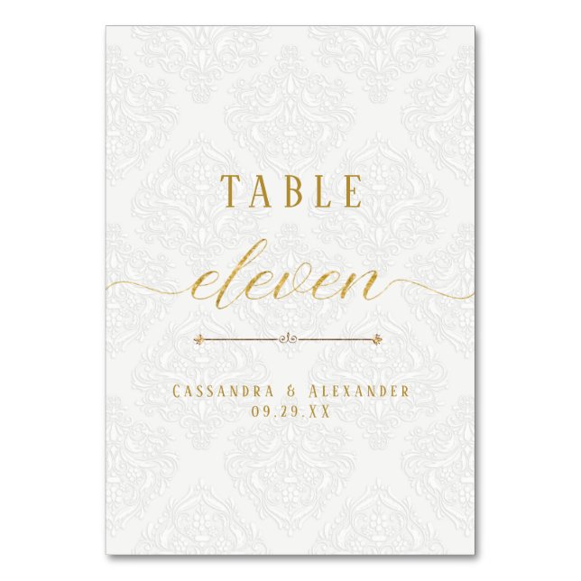 Elegant Script White Lace Gold Wedding Eleven 11 Table Number (Front)