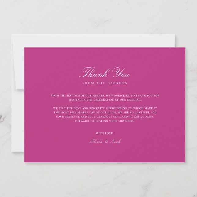 Elegant Script White & Magenta Thank you Card (Front)