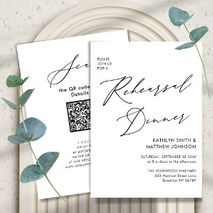 Elegant Script White Rehearsal Dinner QR code Invitation