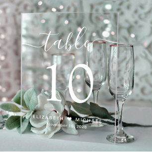 Elegant Script White Wedding Table Number Acrylic Sign