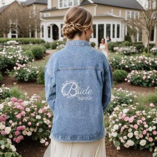 Elegant Script White Wreath Bride Squad Wedding Denim Jacket