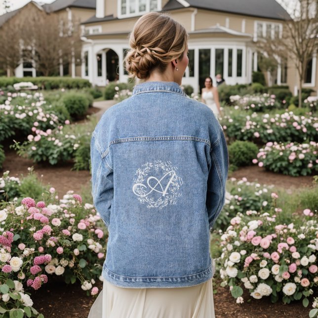 Elegant Script White Wreath Floral Custom Monogram Denim Jacket (Wedding Back)