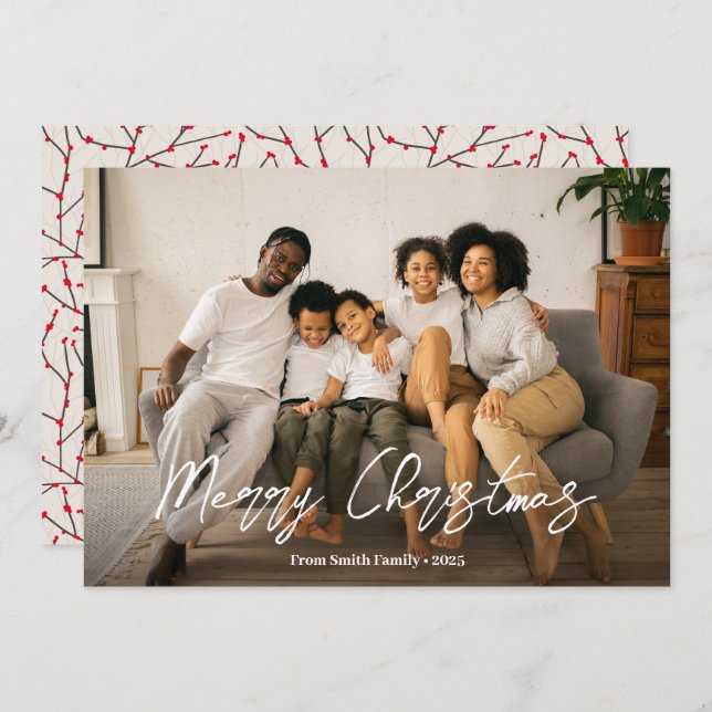 Elegant Script Winterberry Pattern Family Photo  Holiday Card (Front/Back)