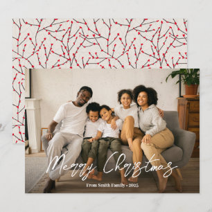 Elegant Script Winterberry Pattern Family Photo Holiday Card
