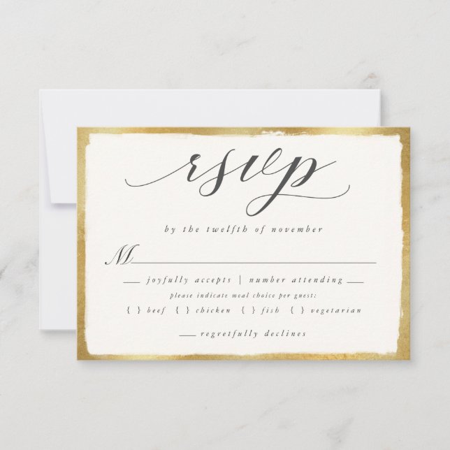 Elegant Script with Gold Edge Meal Choice Wedding RSVP Card (Front)